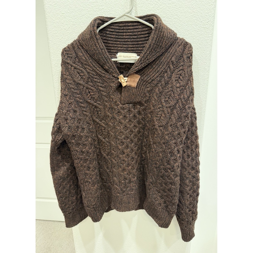 Vintage Aran Islands Knitwear Irish Fisherman Sweater Pure New Wool Dark Brown L